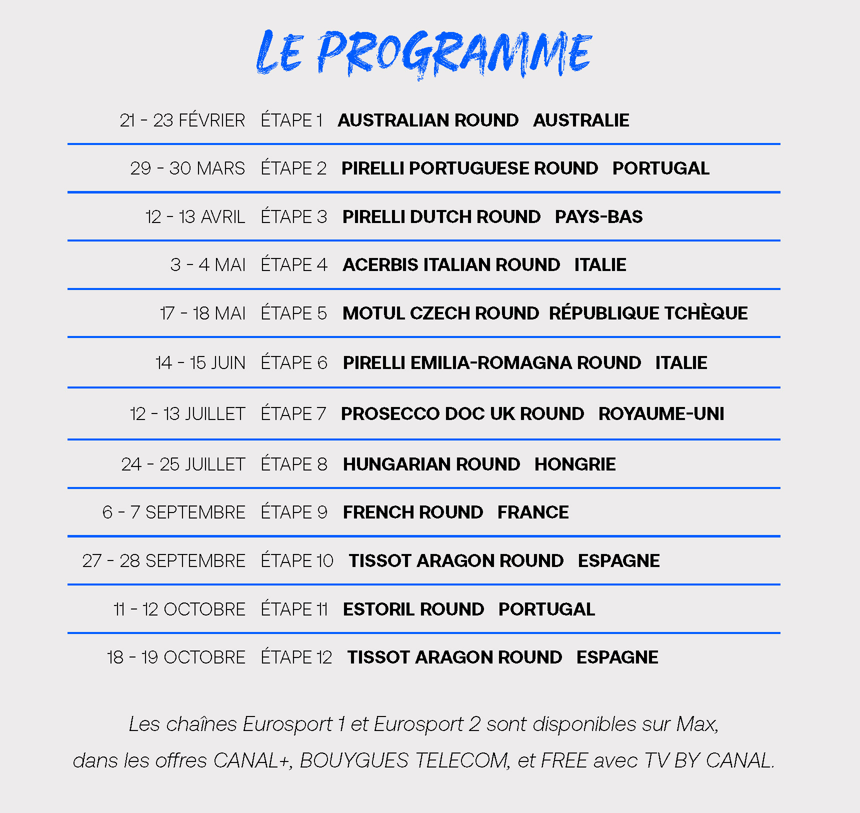 EUROSPORT SUPERBIKE 2025 CALENDRIER