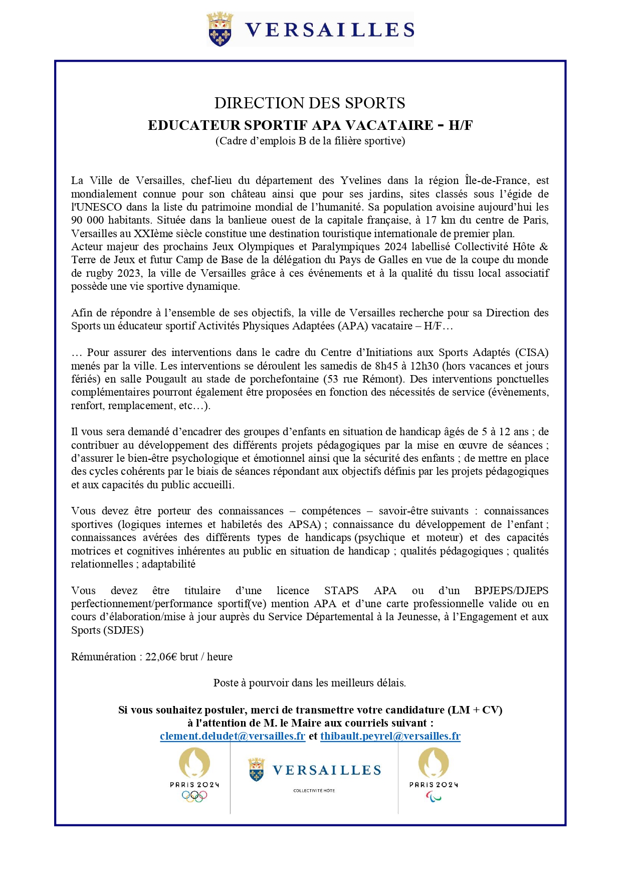 2. Vacance de poste Educateur Sportif APA Vacataire 09 2023 V2 page 0001