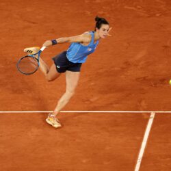 France's Lois Boisson plays a backhand return to US Coco Gauff during their women's singles semi-final match on day 12 of the French Open tennis tournament on Court Philippe-Chatrier at the Roland-Garros Complex in Paris on June 5, 2025. (Photo by Alain JOCARD / AFP)